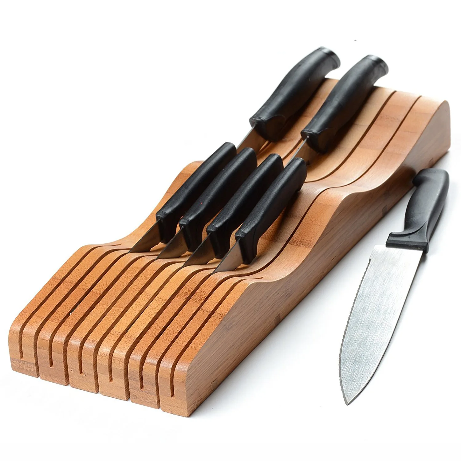 Kitchen Magnetic Bamboo Knife Holder, Wood Knife Block, Drawer Knife Organizer