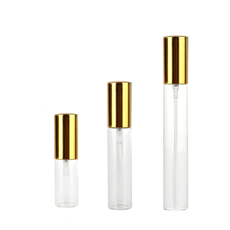 Wholesale gold cosmetic packaging 5ml 10ml 15ml round thin transparent fine mist perfume spray glass bottle
