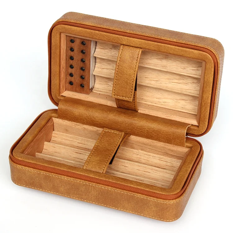 custom 6 cigarette  pu leather spanish cedar wood box cigar travel humidor manufacturer
