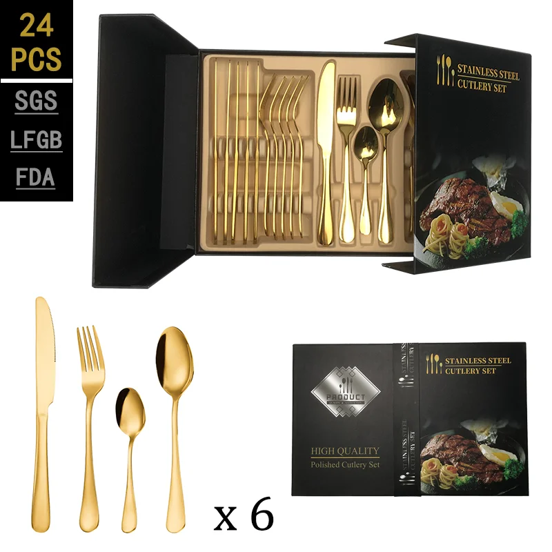 Stainless Steel Cutlery Set Knife Fork Spoon 24 Pieces Flatware Wedding Black Cutlery Gift Box