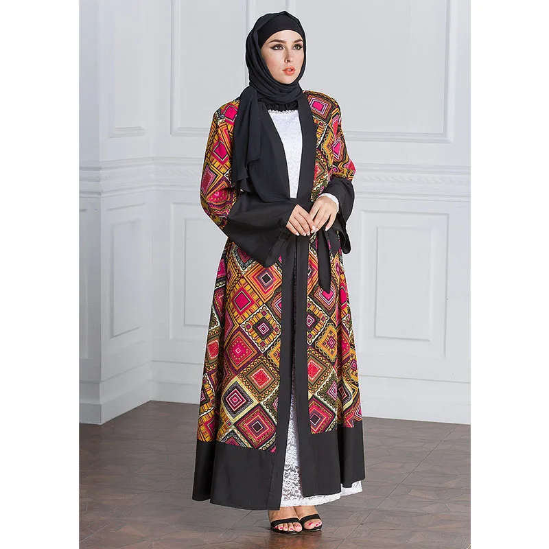 Women Long Cardigan Printed Geometric Red Muslim Dresses Hijab Dress Abayas Caftan