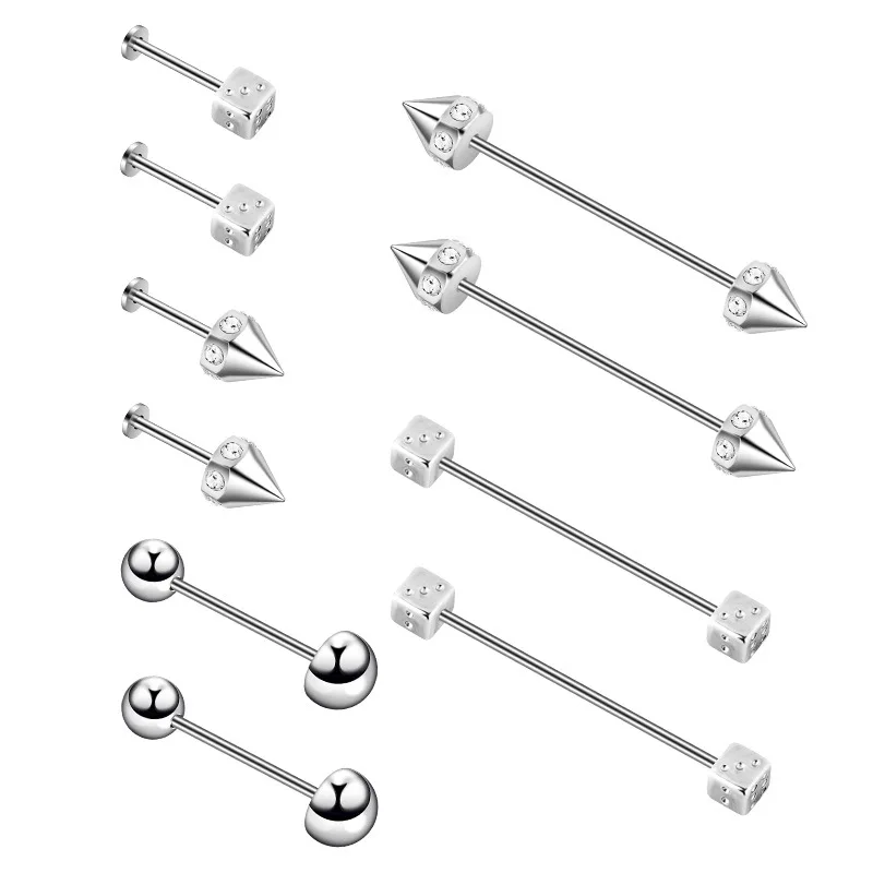 YICAI Fashion 316L Surgical Steel Straight Zircon Spike industrial barbell Piercing for Women Dice Tongue Piercing