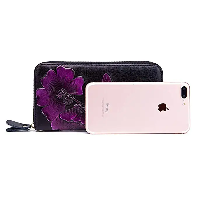 Women grain cowhide Wallet Hand  beautiful design Painted Flowers Ladies Wristlet Wrist strap Long Purse