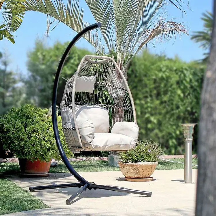 mail order  carton pack Relaxing  Rope round stand egg shaped rattan metal hanging egg outdoor furniture swing chair