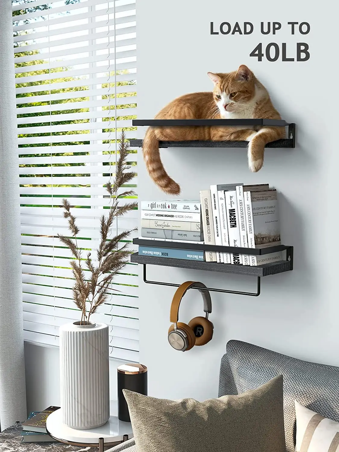 2 Piece Black Floating Shelves Kitchen Bedroom Bathroom Shelf with Towel Rail Decorative Storage Wall Rack
