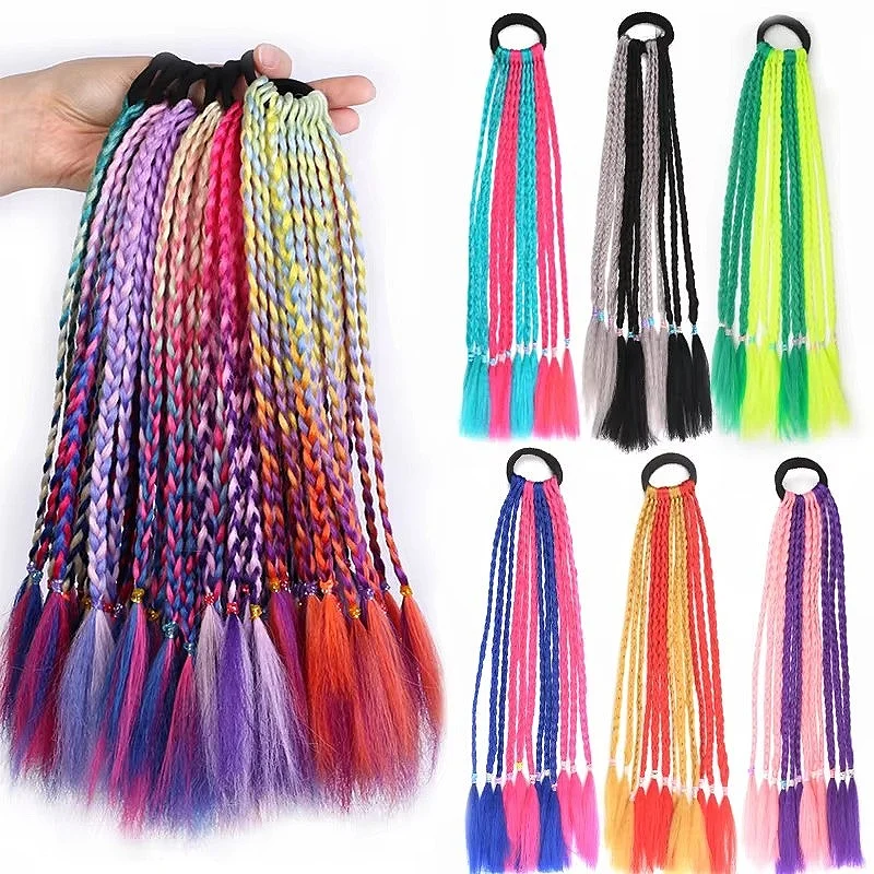Wholesale Fashion Dirty Braiding Hair Colorful High Temperature Fibre Braided Wigs Princess Shape Ponytails For Kids