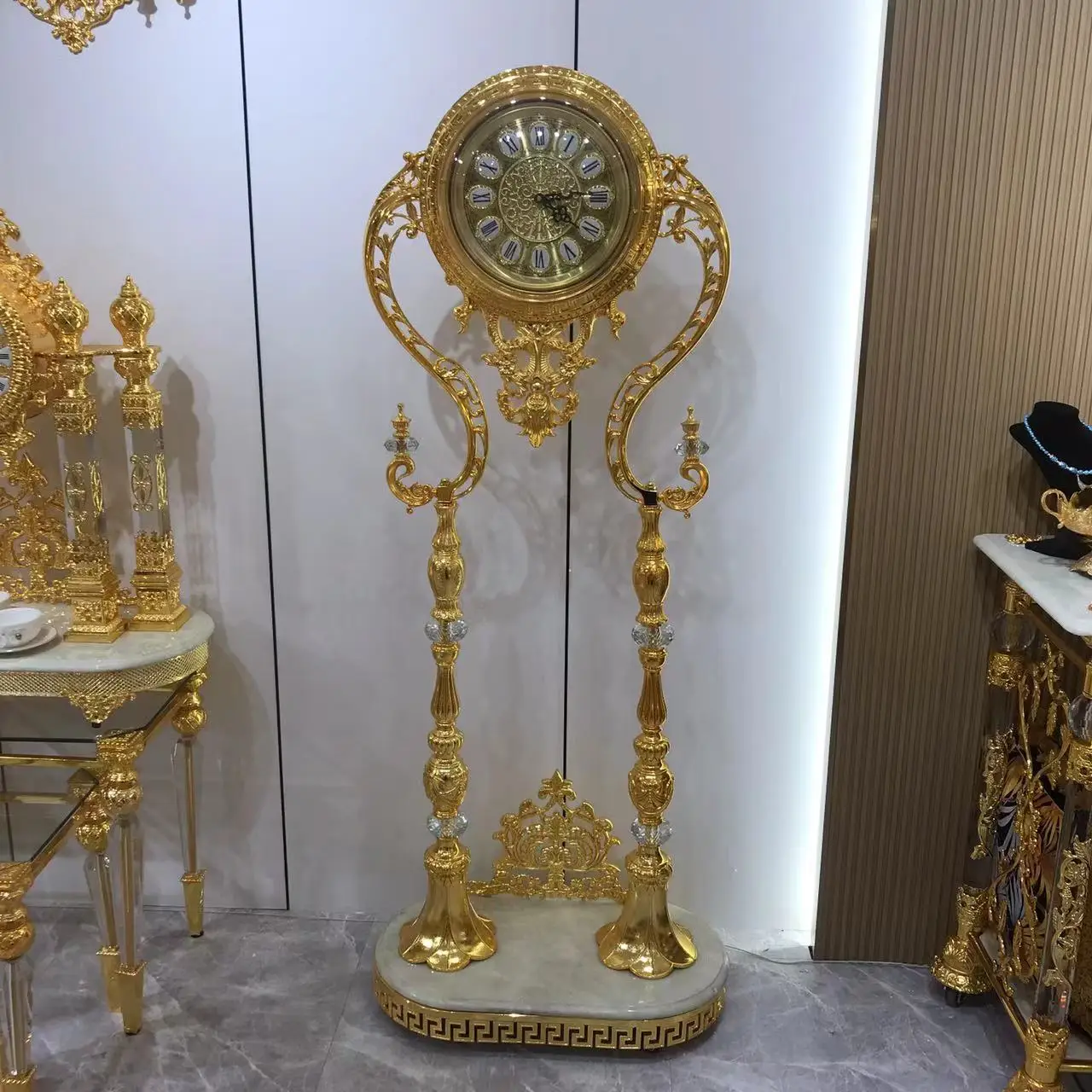 Golden Standing Clock Luxury Vintage Home Floor Clock Crystal Gold Grandfather Clock
