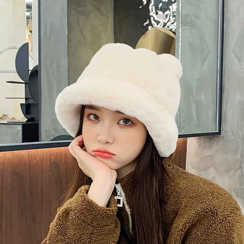 winter cute bear ears fisherman hat female Japanese thickened warm ear protection plush basin hat