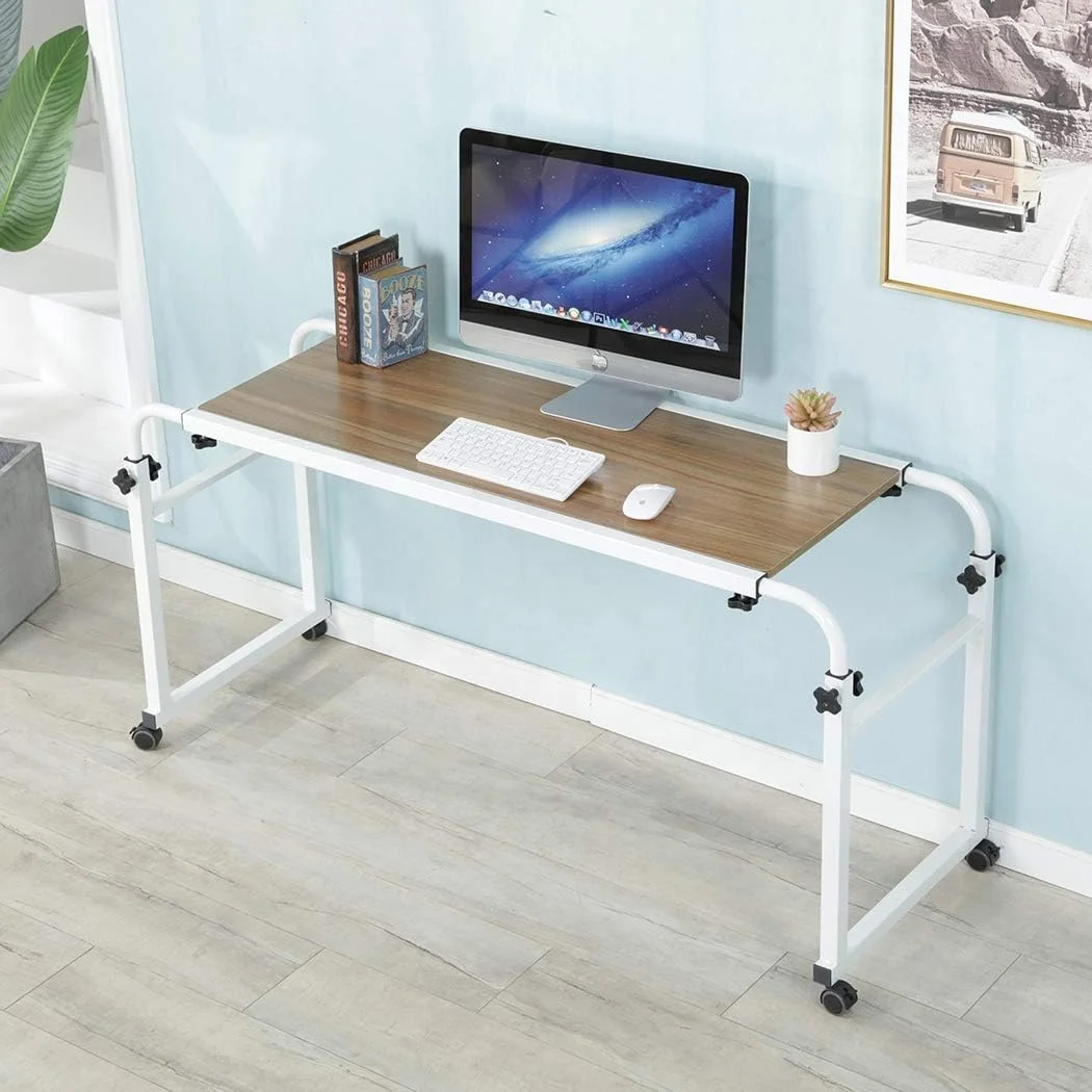 Portable Workstation Desk Lazy Overbed Laptop Computer Table with Wheels Office Wooden Metal Construction Fits King Queen Bed