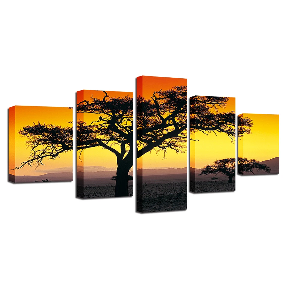 Canvas HD Prints Posters Wall Art 5 Pieces Tree Sunset Wilderness Paintings Scenery Pictures Modular Home Decor