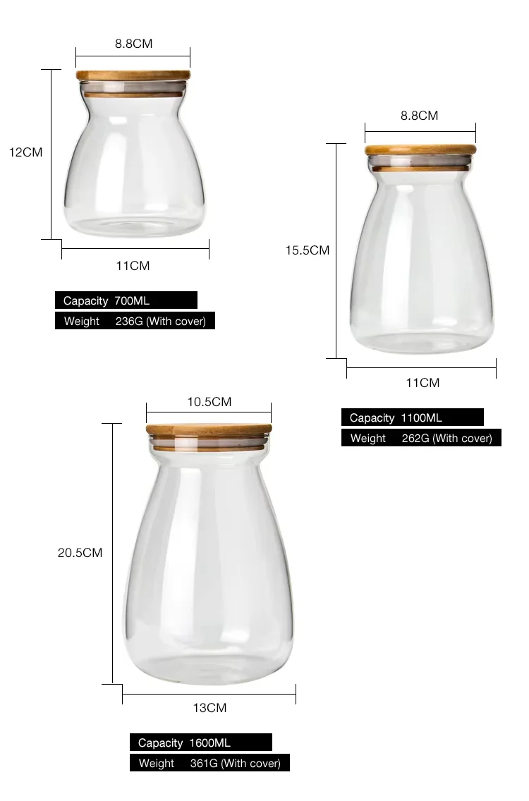 High quality borosilicate glass transparent T Shape glass jars with bamboo lid for spice