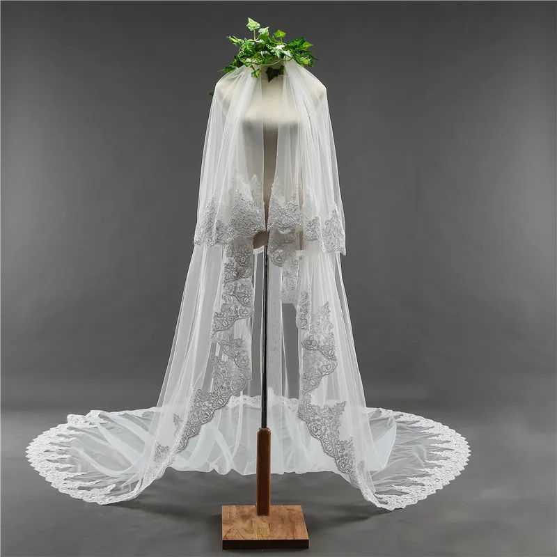 European 3M Two - layer Lace Edge Wedding Accessories Soft Wedding Bridal Long Veils