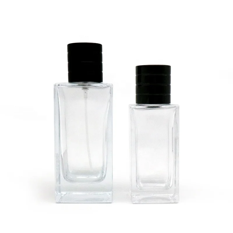 Hot Sale Recyclable Clear Square Transparent Flat Shoulder Perfume Spray Glass Bottle with Black Lid 100ml