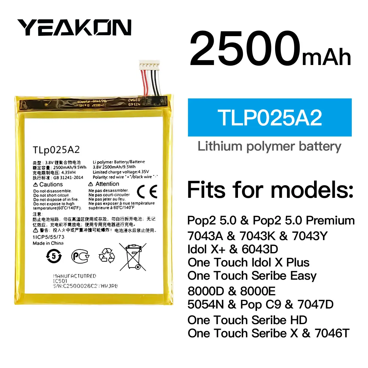 Factory Direct Sale Mobile Phone Original batteries TLP025A2 for Alcatel Idol X+ 6043D One Touch Idol X Plus 3.8V 2500mAh