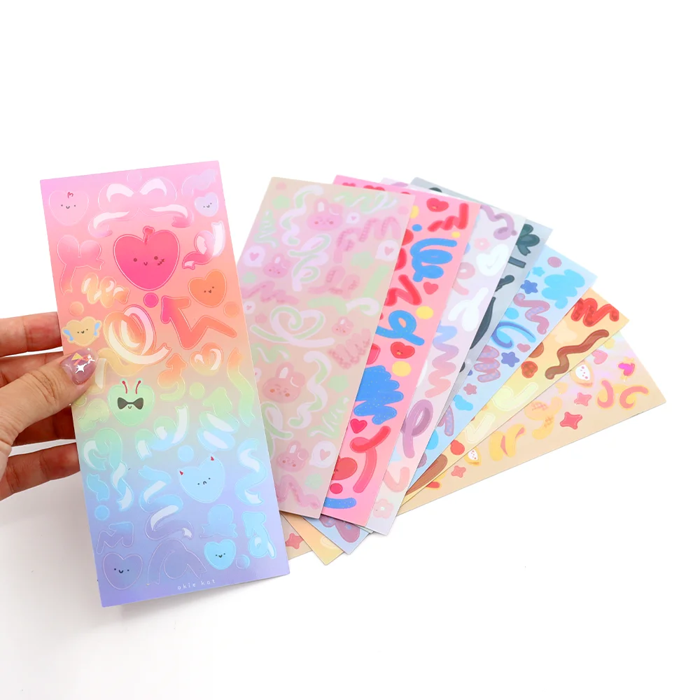 Waterproof Self Adhesive Vinyl Cute Kiss Cut Hologram Labels Anime Rainbow Effect Glitter Stickers Sheet