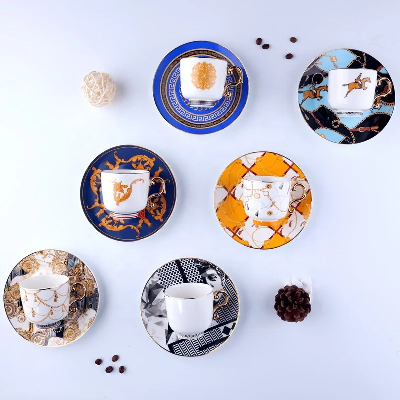 SU03 Turkish Coffee Cup and Saucer Sets Bulk Espresso Porcelain Ceramic Tea Cup and Saucer with Gold Rim