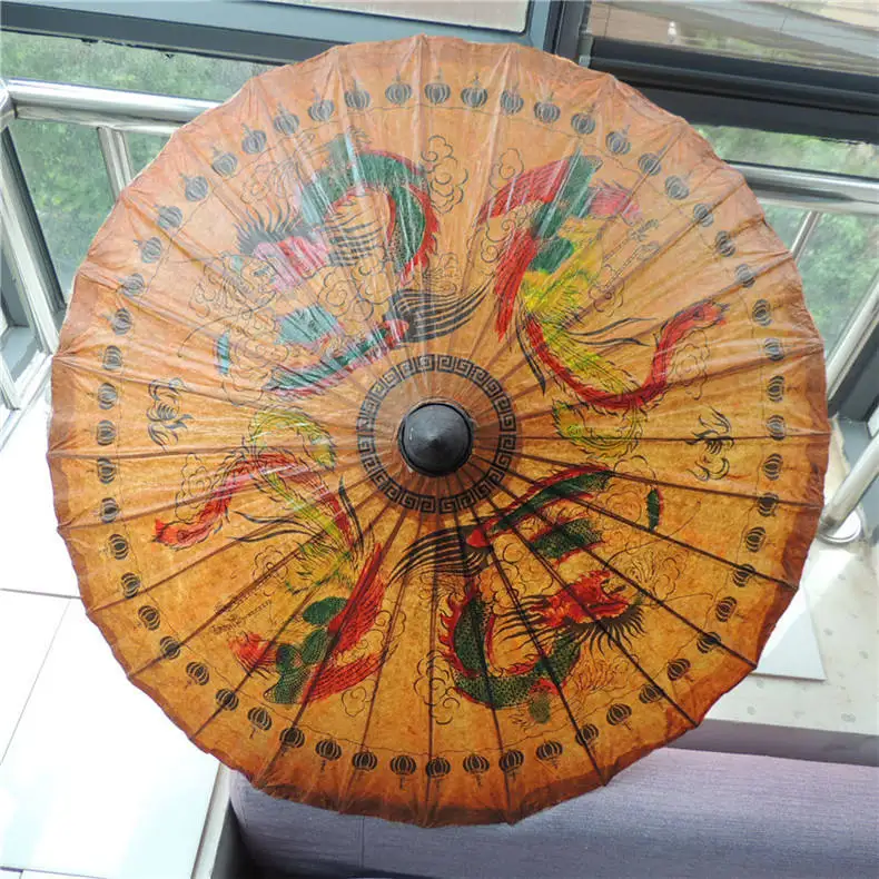 TX116 Handmade Classical Oiled Paper Umbrella Thai Style Waterproof Crane Dragon Phoenix for Bar Decoration Hanging for Adults