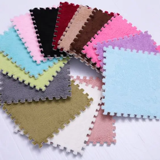 Hot Sale Blue Shaggy Plush Foam Puzzle Rug Carpet Long Pile for Kids Washable and for Home Use