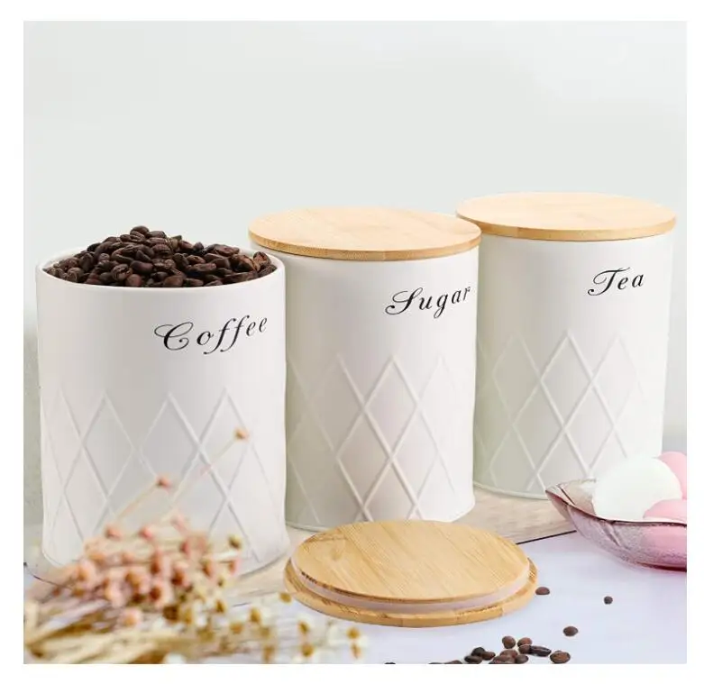 3 Pack Kitchen Canister Set Coffee Sugar and Tea Storage Container Jars with Bamboo Lids
