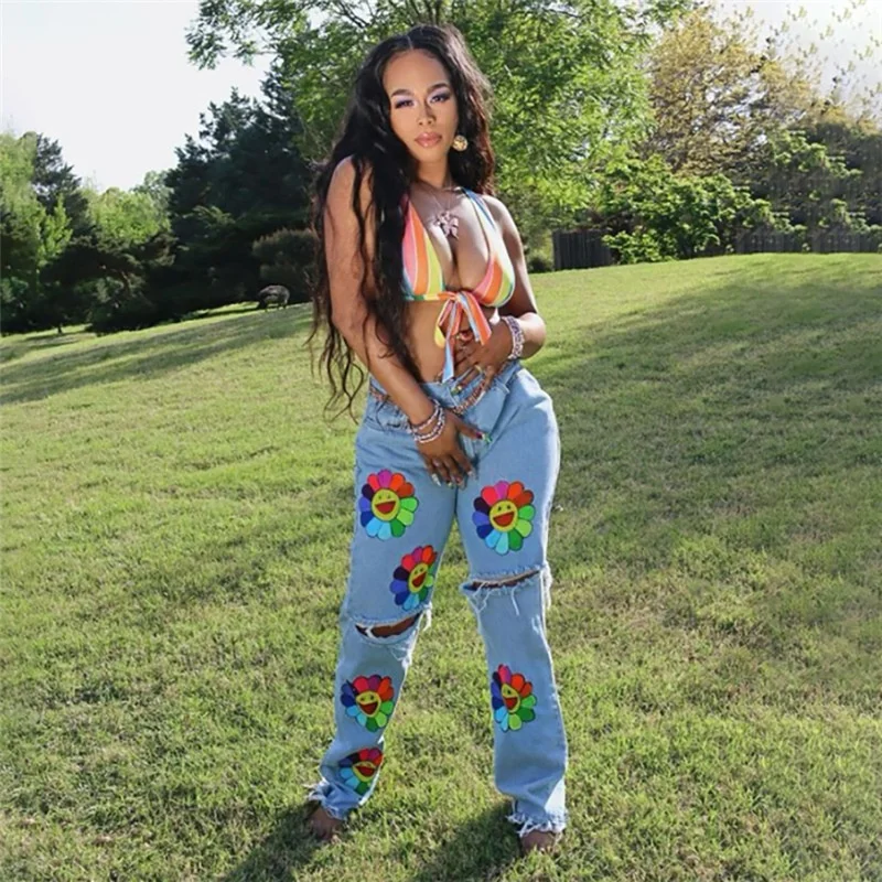 2021 женские мешковатые джинсы с цветочной вышивкой Smile Flower, джинсовые брюки, джинсы с вышивкой