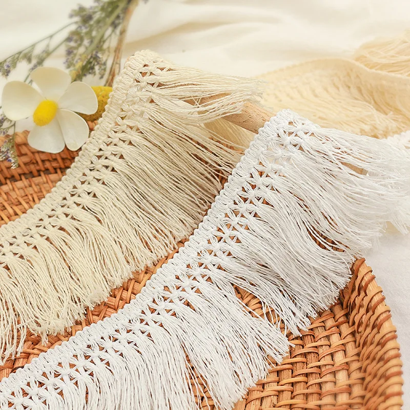Wholesale 6cm Black White Natural Fabric Knot Polyester Tassel Fringe Lace Trim for Sewing Rug Blanket Curtain