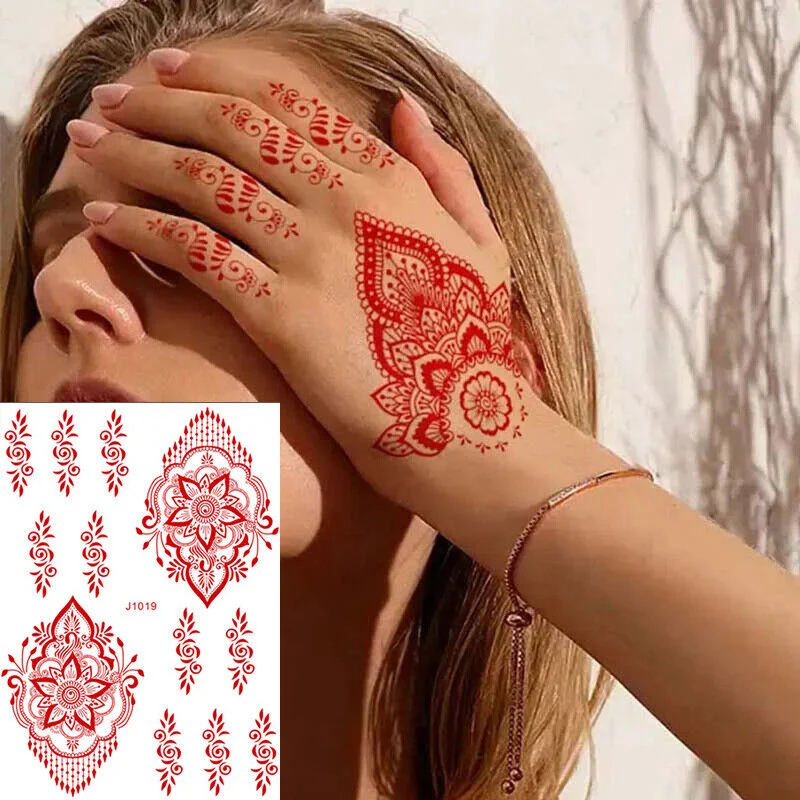 Rose Henna Flower Design Petal Leaf Sketch Words Fake Tattoo Sticker for Cool Women Lady Girls tattoo stickers waterproof
