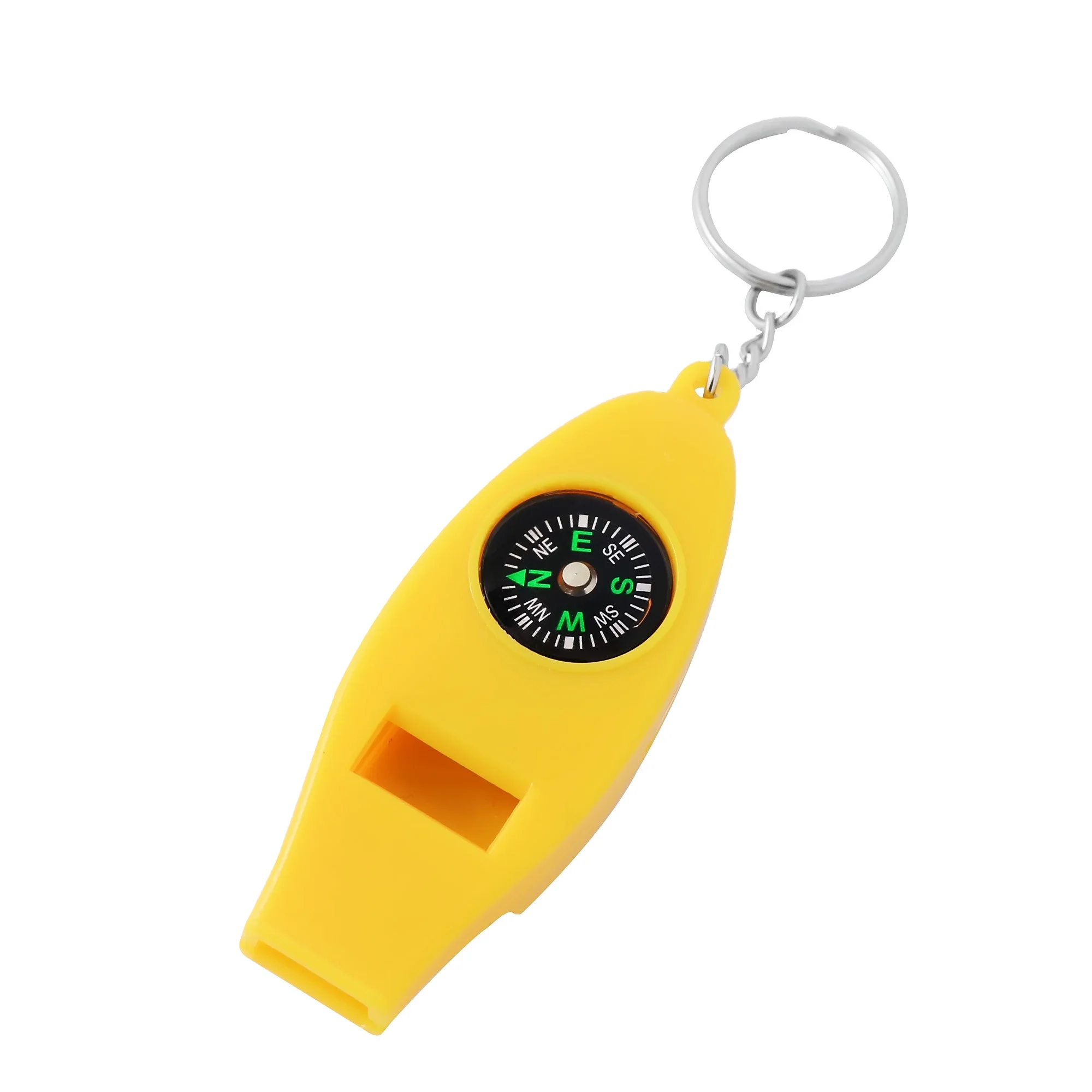 Custom Logo 4-in-1 Multifunction Compass Key Chain Yellow Whistle Magnifying Glass Thermometer Camping Hiking Plastic Pointer