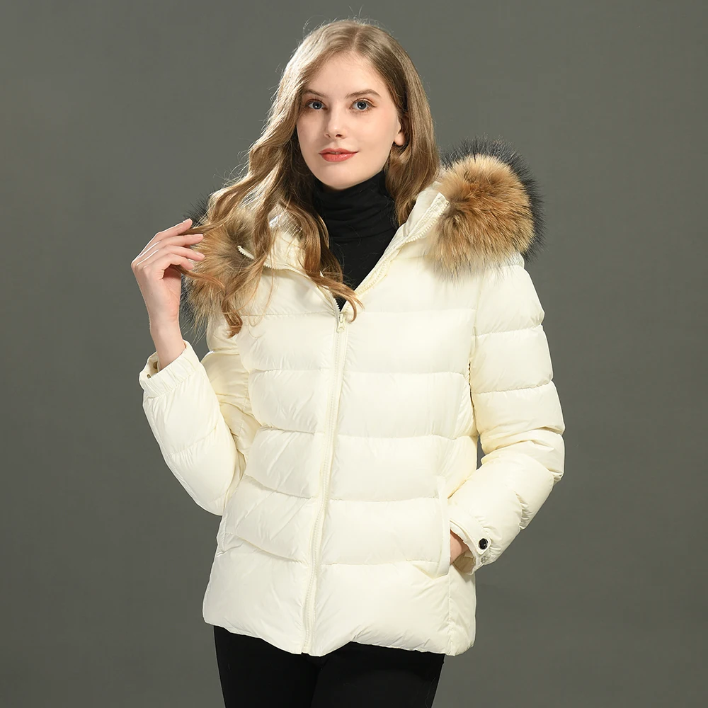 White Duck Down Jacket Hooded Wholesale Winter Removable Real Fur Collar Custom Winter Bobble Puffer Jacket Women Down Coats
