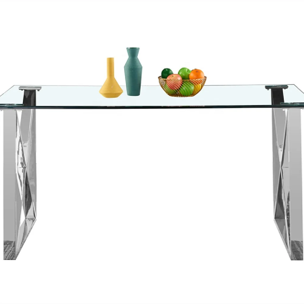 Quality chinese products stainless steel furniture restaurant tables chairs glass dining table set