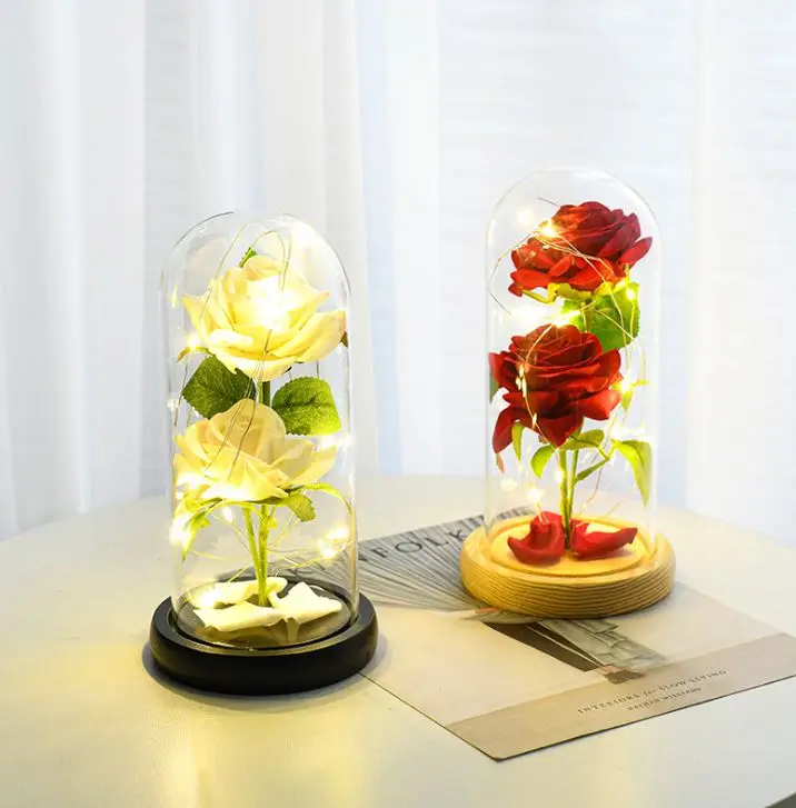 Wholesale Valentine Day Gifts Preserved Rose Forever Flowers LED Glass Cover Night Light