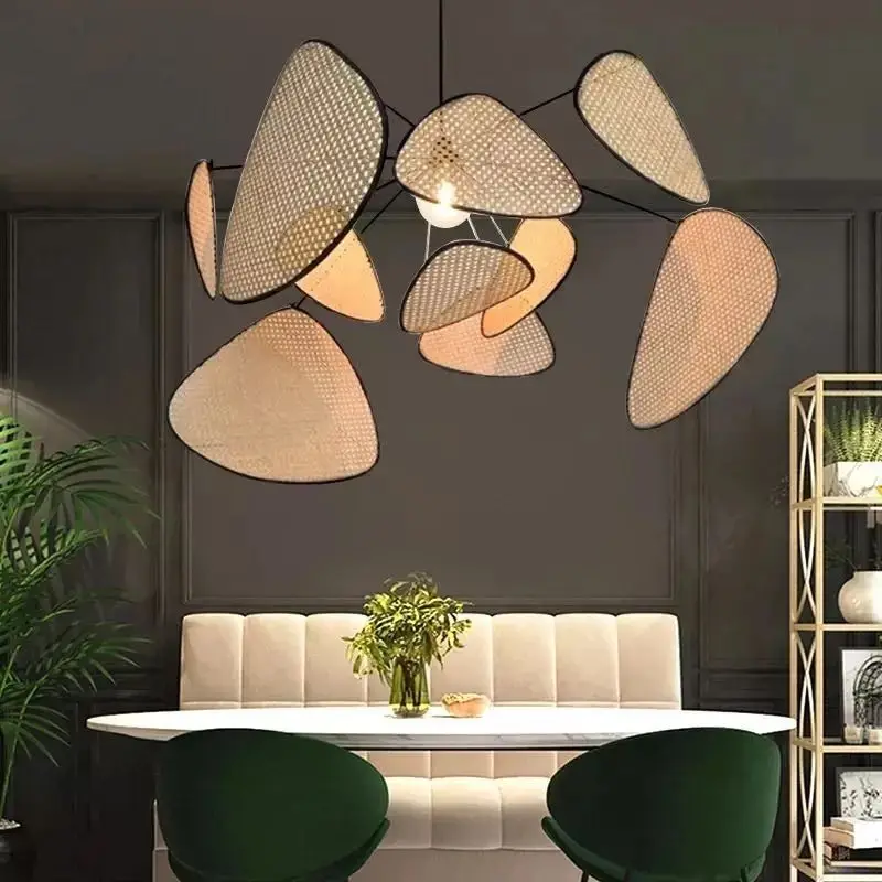 Rattan Chandelier Wicker Suspension Lamp Screen Cannage Kitchen Wood Bamboo Chandelier E27 Creative Leaf Grid Hand Designer Lamp