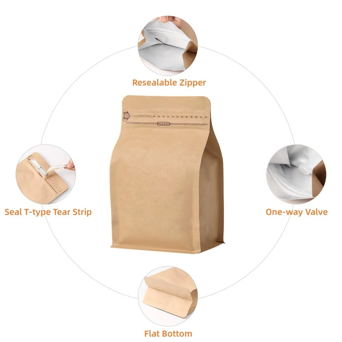 Kraft paper Resealable 1kg 500g 250g Matt Flat Bottom White Plastic Aluminum Foil Pack Coffee Bag With Valve And Zipper