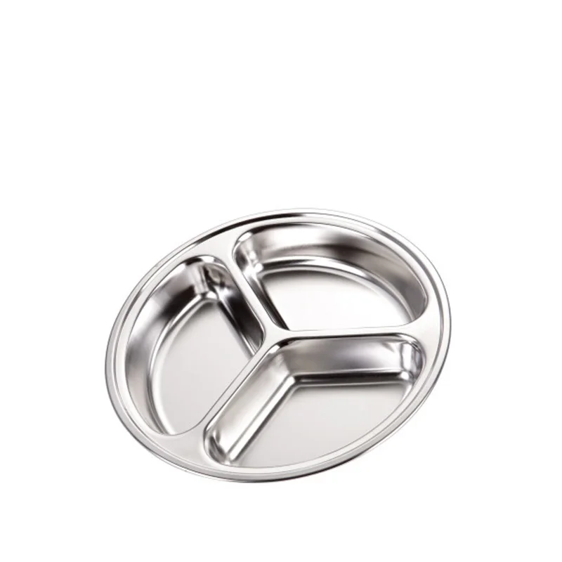 Hot Selling 3 Compartment Stainless Steel Round Shape Dinner Plates Fast Food Serving Tray Mess Tray