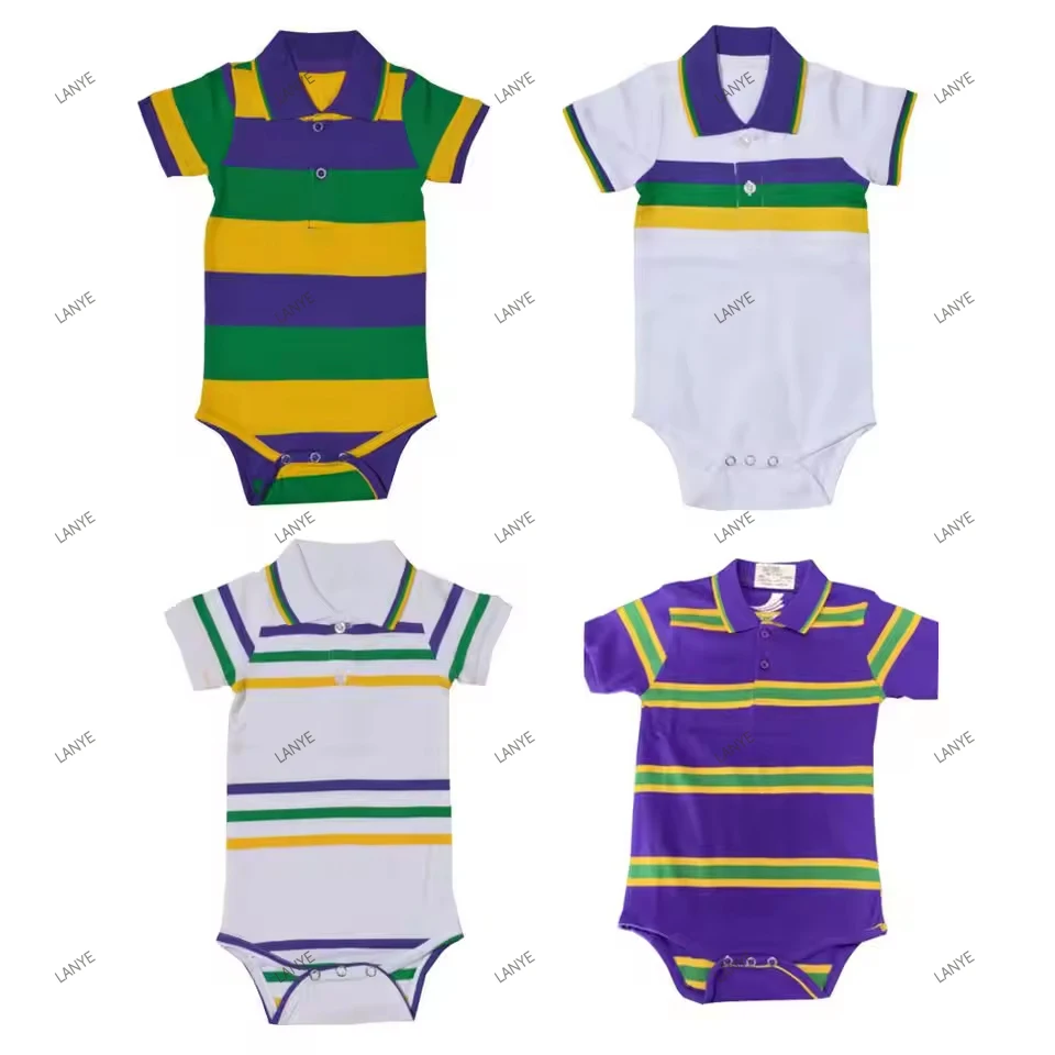 Lanye wholesale mardi gras yellow green purple polo shirt 100% polyester baby boy romper