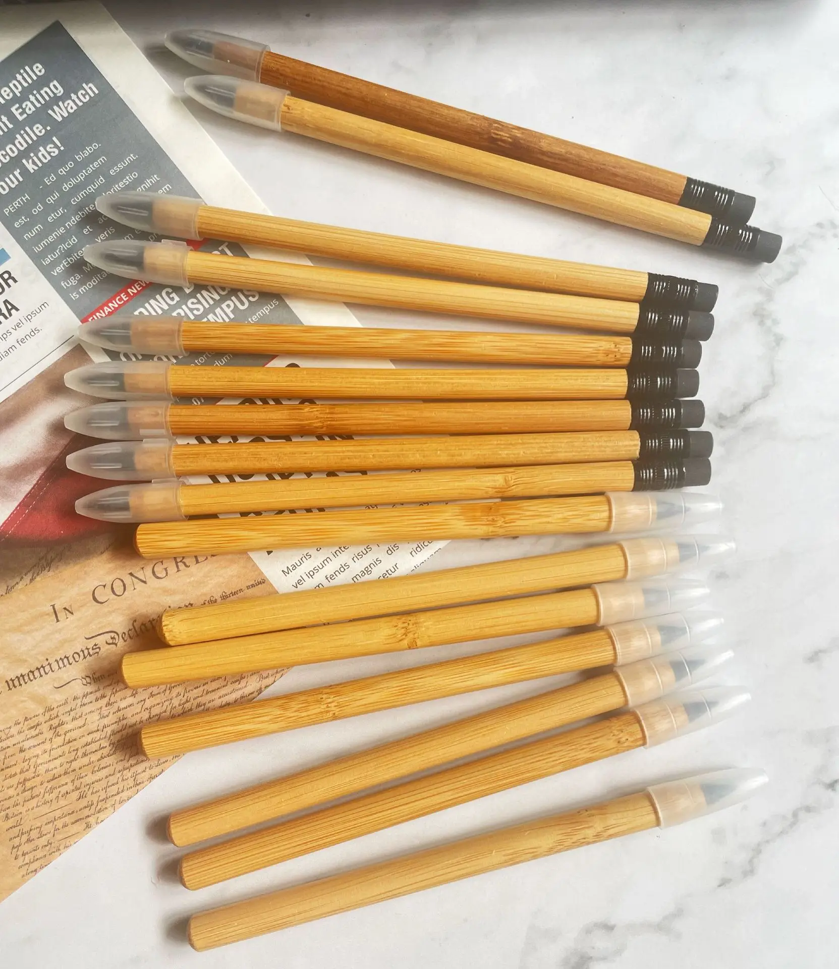 customized laser engraved logo eco friendly Bamboo wood inkless pen and pencil for students with cap and eraser