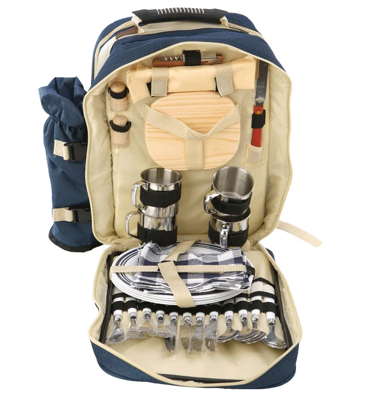 outdoor picnic backpack bag for 4 Person with detachable bottle/wine holder fleece blanket