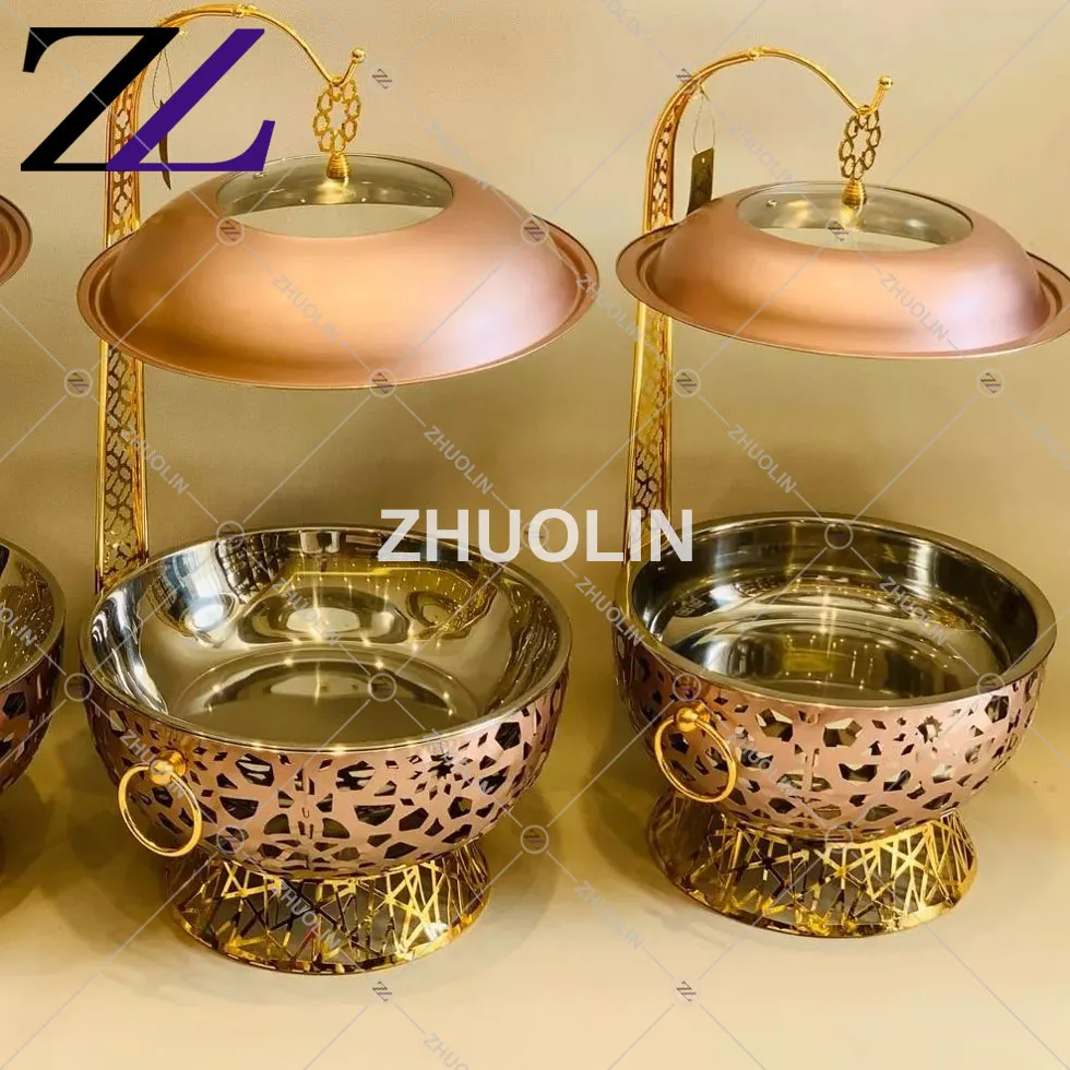 Wedding antique vintage brass luxury rose gold chefing dish with water pan hanging hinged glass lid copper brass chafing dish