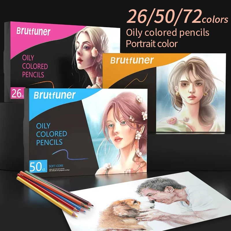 Brutfuner 26/50/72Colors Sketch Oily Color Wooden Pencil Professional Portrait Art Sketching Drawing Pencil Set