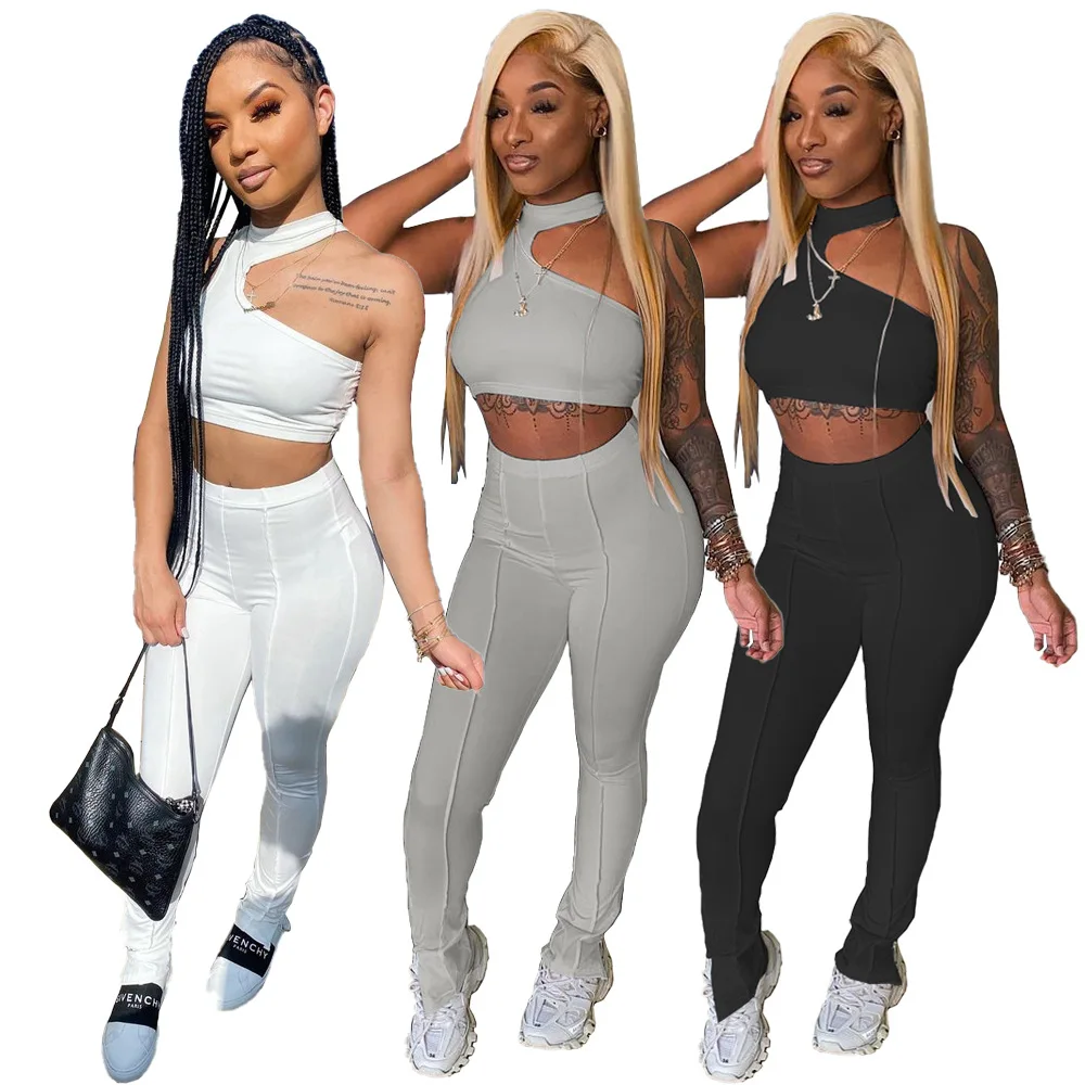 
Custom Embroidery LOGO Tracksuit Women Fitness Camisole Crop Top And Stacked Pants set Casual Elastic Hight Summer Activewear 