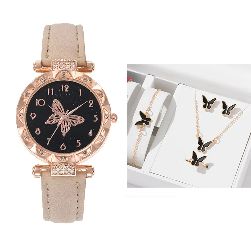 5PCS/Set Butterfly Necklace Earring Ring Bracelet Watch Gift Set Fashion Butterfly Buckle Leather Watch Strap Watches Jewelry