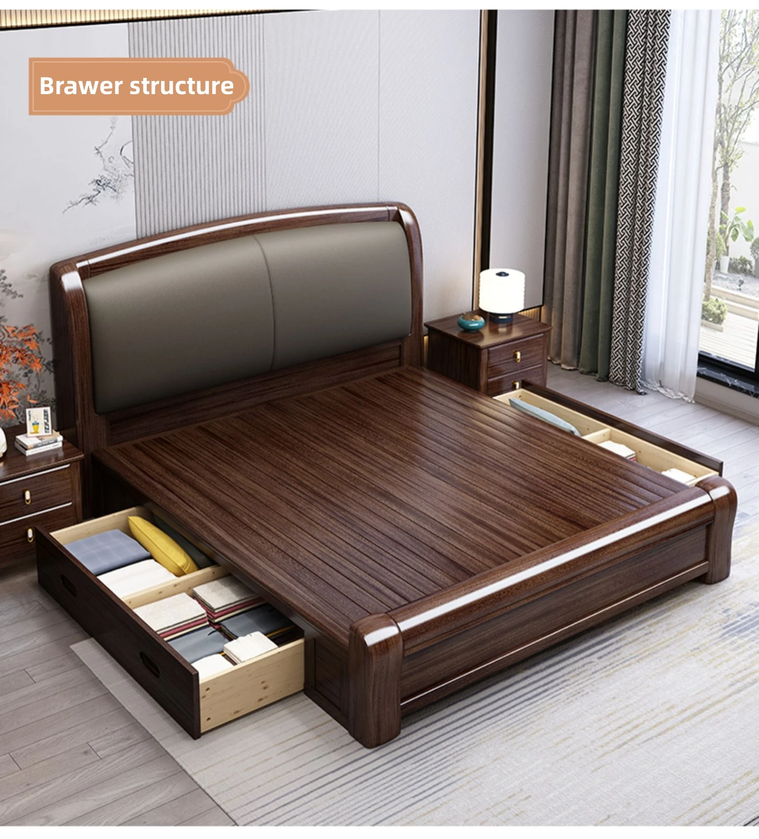 Purple Gold Sandalwood Solid Wood Bed King Size Light Luxury Double Wooden Beds Leather Soft Bag Storage Bed Bedroom Furniture