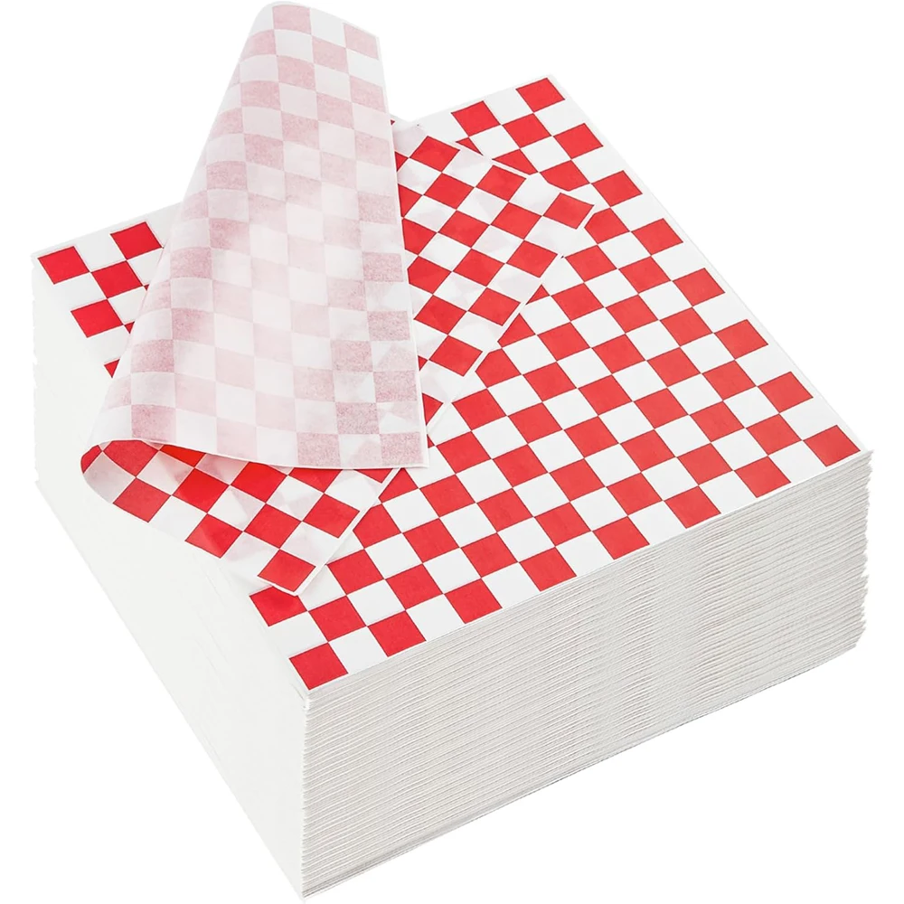 Checkered Christmas Deli Paper, 12 x 12 Inch Grease Resistant Food Basket Liners, Red and White Wrapping Paper for Sandwiches