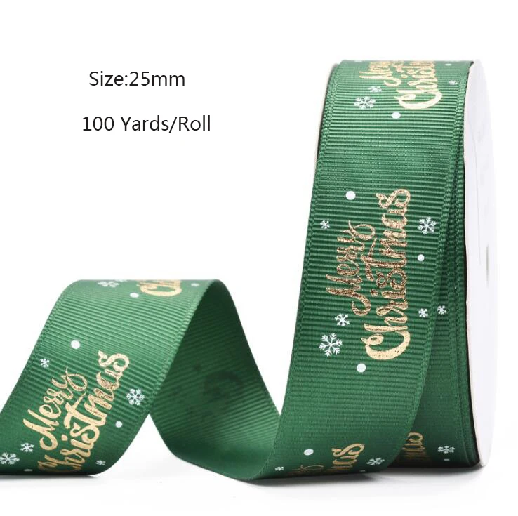 100yards/Roll  25mm Christmas Ribbon Printed  Grosgrain/Polyester Ribbon For Christmas Gift Packing Decoration