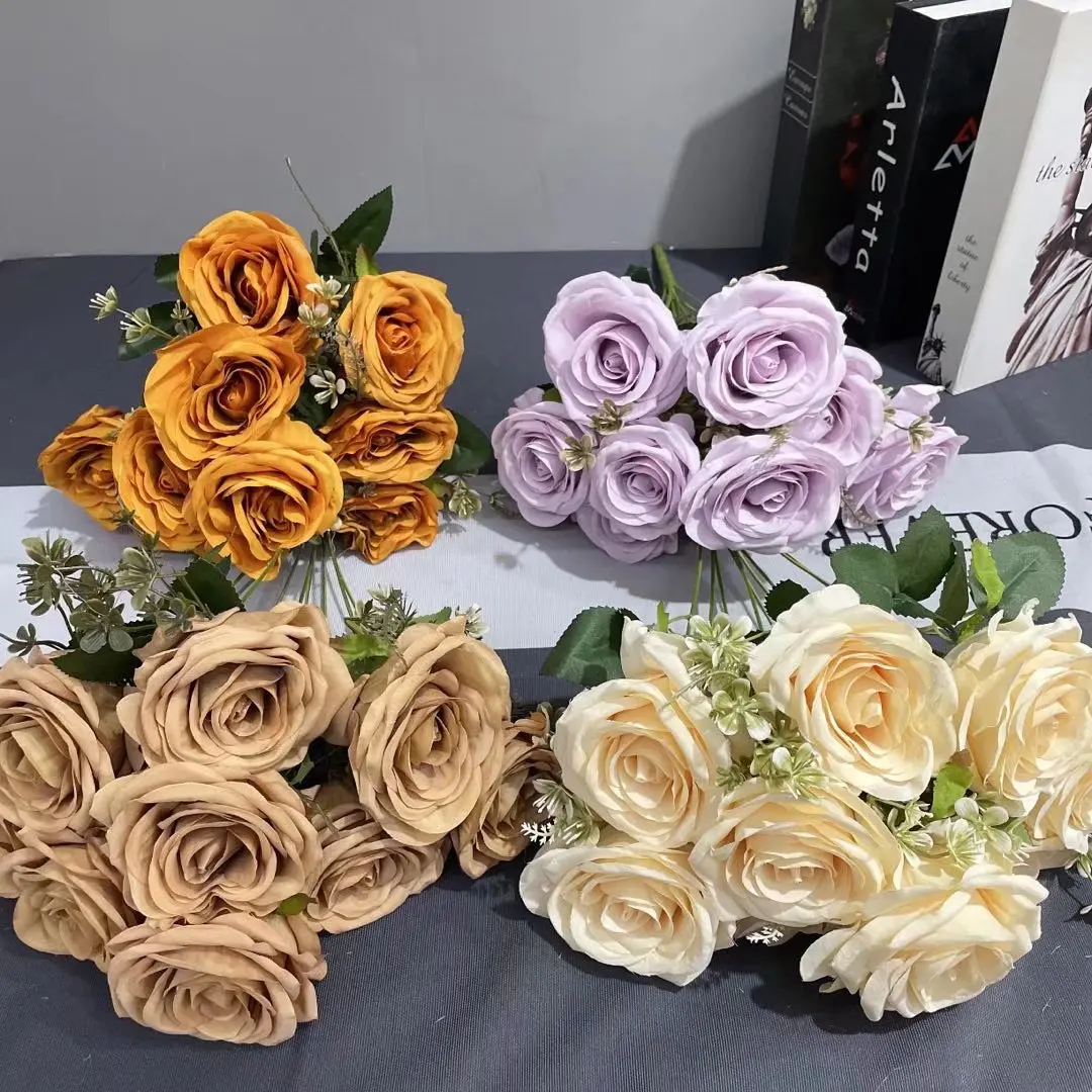 Beautiful bunch of flowers photo Rose artificial Flower Bunch Silk Customization New Rose Bouquet Flower Single Piece