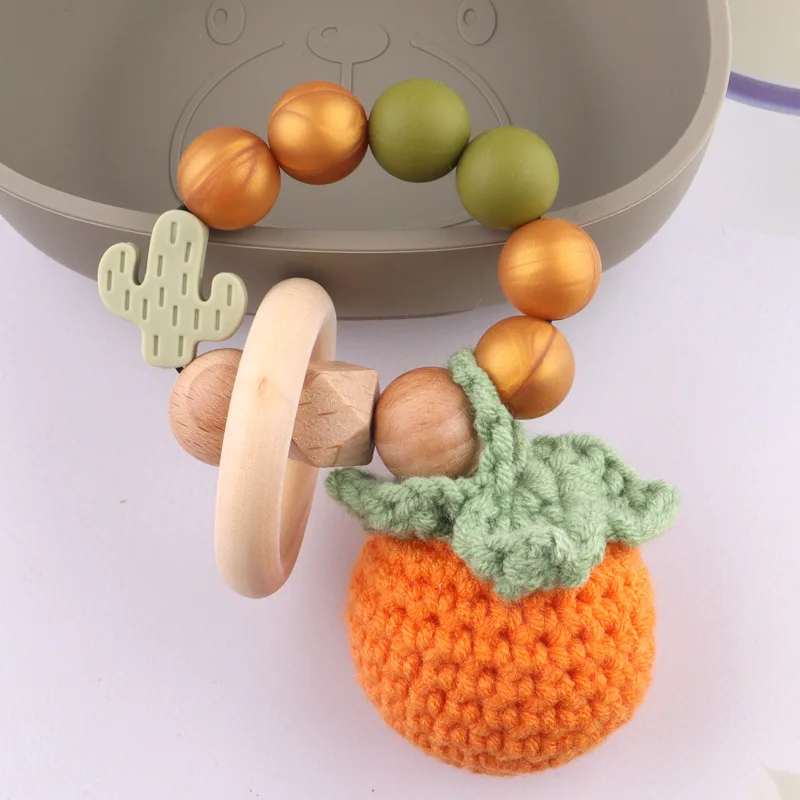 Ins hot sale ready to ship natural handmade knitting wooden crochet baby  lovely fruit Crop cotton wrist teether rattle toy