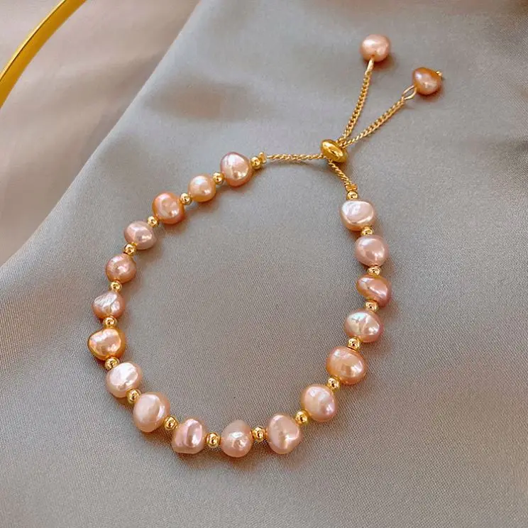 Luxury Vintage Style Pink White Freshwater Pearl Gold Plated Baroque Design Adjustable Beaded Bracelet