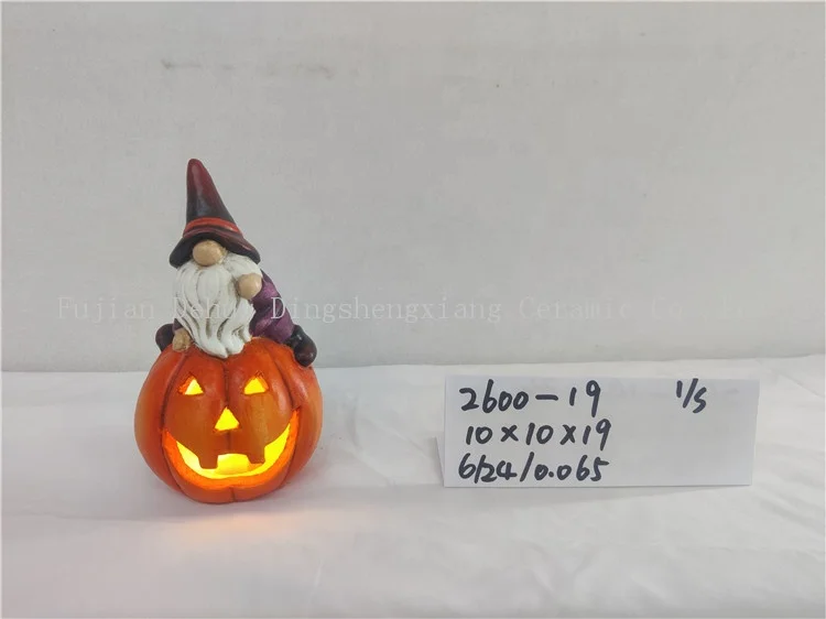 Party Decoration LED light Ceramic Halloween gnome with pumpkin Tealight Holder