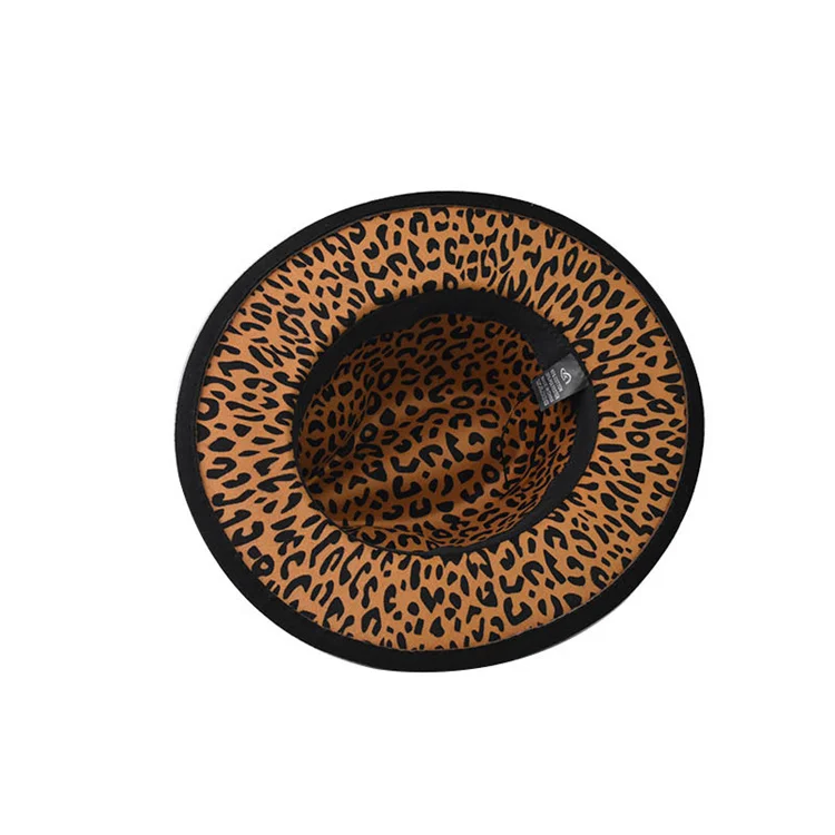 Men Thick Double-sided Solid Color Big Eaves Double-sided Leopard Print Inside Of Jazz Flat Black Fedora Hats