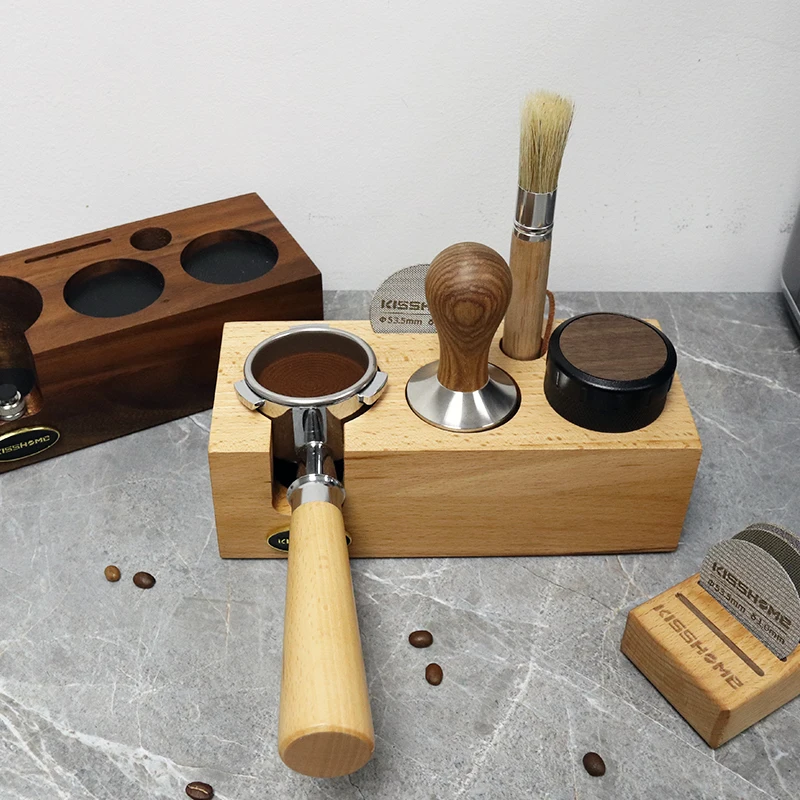 Custom Walnut Wood Espresso Accessories Three Piece Barista Tools Portafilter Distributor Coffee Tamper Filter With Stand Holder