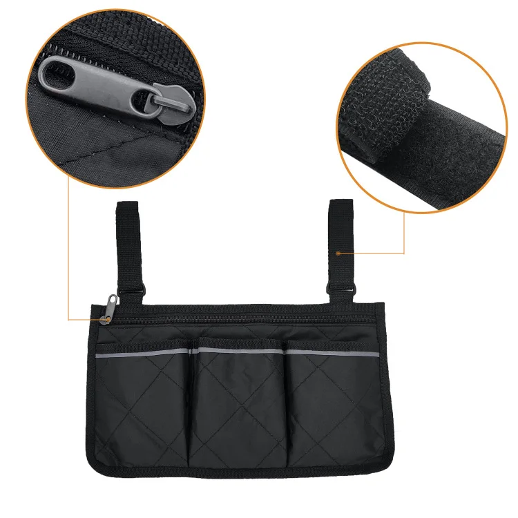 Custom 3 pocket walkers rollator hanging organizer zipper wheelchair side bag